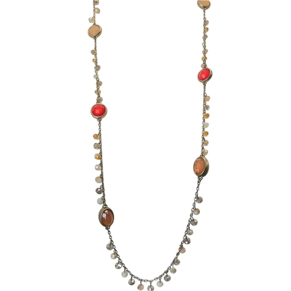 Loft Gold Tone Orange & Cream Fauceted Glass Long Beaded Necklace